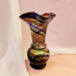 Vintage Multicolored Swirled Art Glass Vase, Hand-Blown